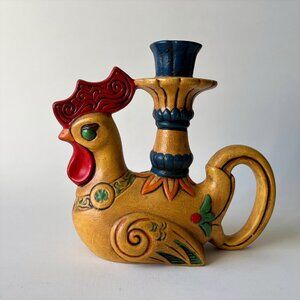 Vintage Folk Art Rooster Ceramic Candlestick Holder Hand-Painted Signed